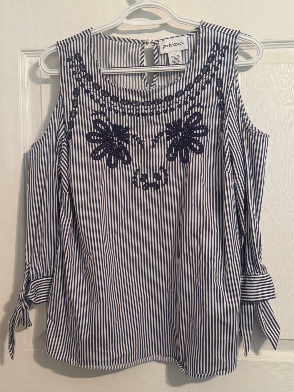 Peck & Peck Navy and White Striped Cold-Shoulder Embroidered Top
